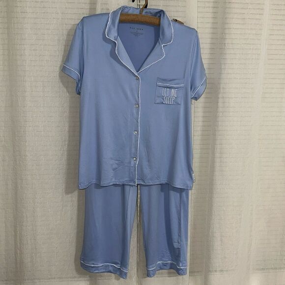 Rae Dunn Other - RAE DUNN. M Light Blue White Notch Collar Short Sleeve Button Top Cropped PJ